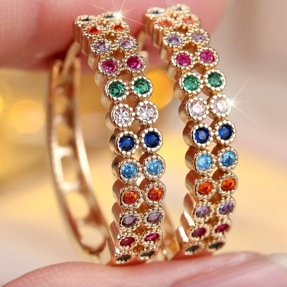 NEW 18k Yellow Gold Multi Color Gemstone Hoop Earrings Large Hoops